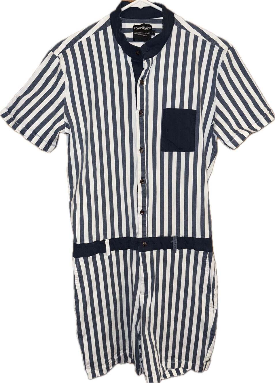 Romperjack Men's The Hampton Blue and White Nautical Striped Romper Jumpsuit